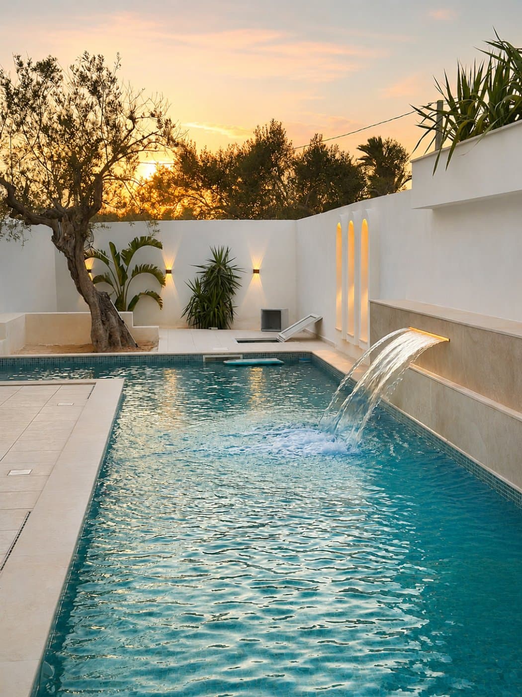 La piscine de la villa au coucher du soleil
