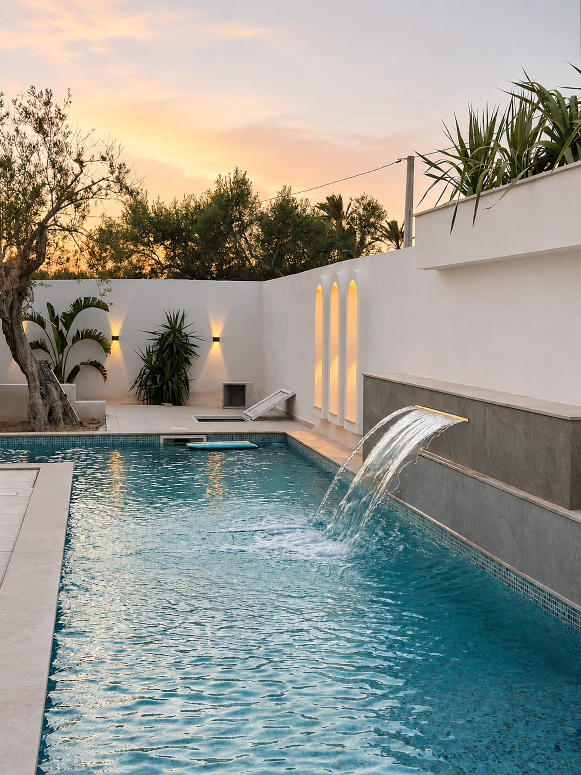 Piscine privée avec cascade et niches arquées éclairées au crépuscule